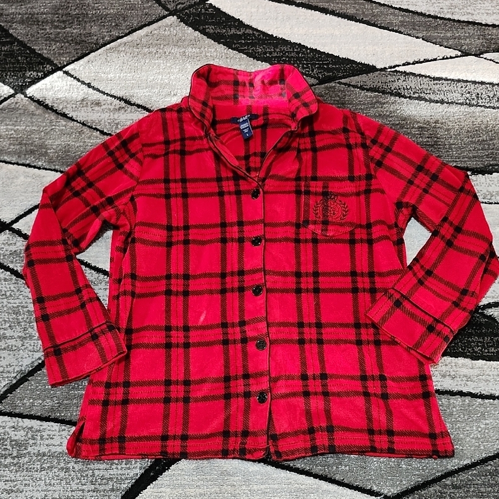 CHAPS RED & BLACK PLAID FLANNEL EMBROIDERED POCKET PAJAMA SLEEP TOP